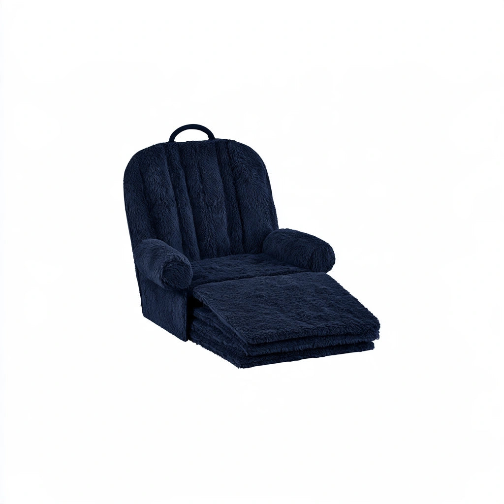 Deep blue plush convertible chair from mirrorandmist, shot from a high angle showing its soft, fluffy upholstery and modern design.