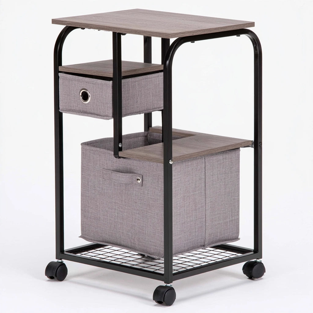 High-angle studio shot of a grey and black mobile side table with wheels, made by MirrorandMist.