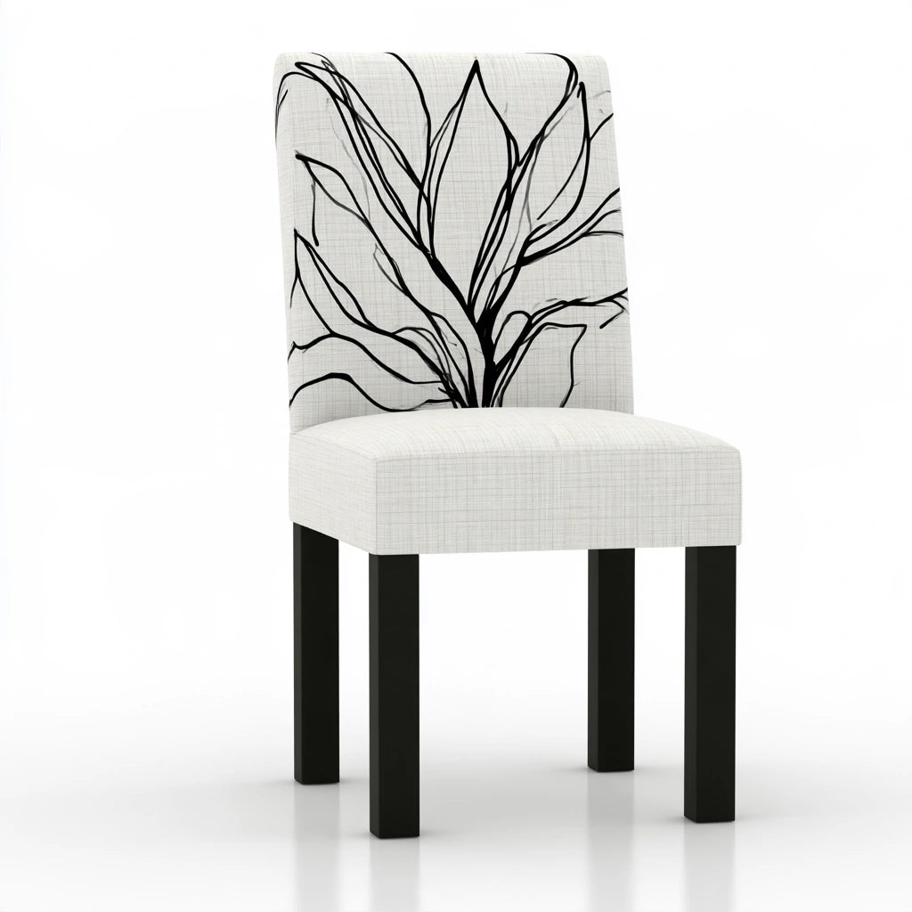 Mirrorandmist high-back dining chair with abstract patterned gray upholstery, showcasing a stylish, modern kitchen or dining room seat.