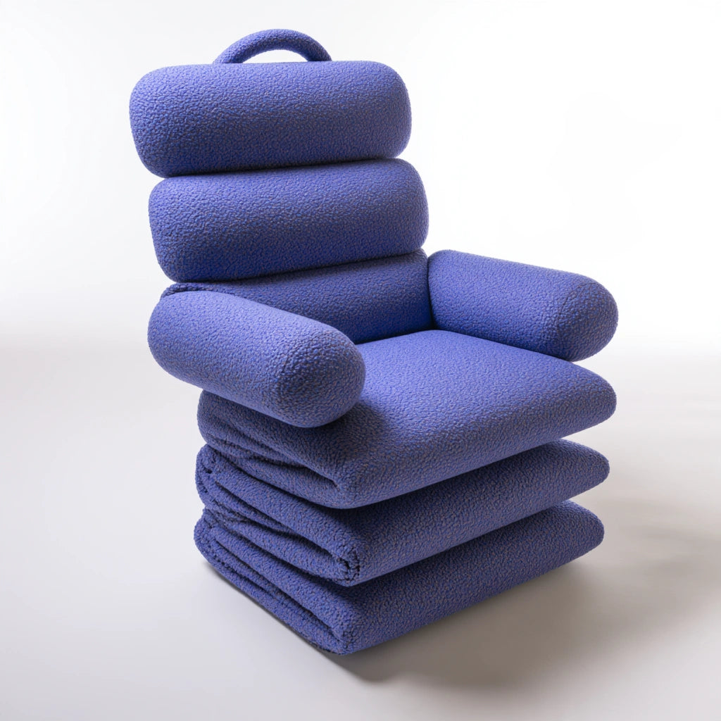 High-angle view of a dark blue, fluffy convertible armchair by mirrorandmist, showcasing its cozy, plush upholstery and stylish design.