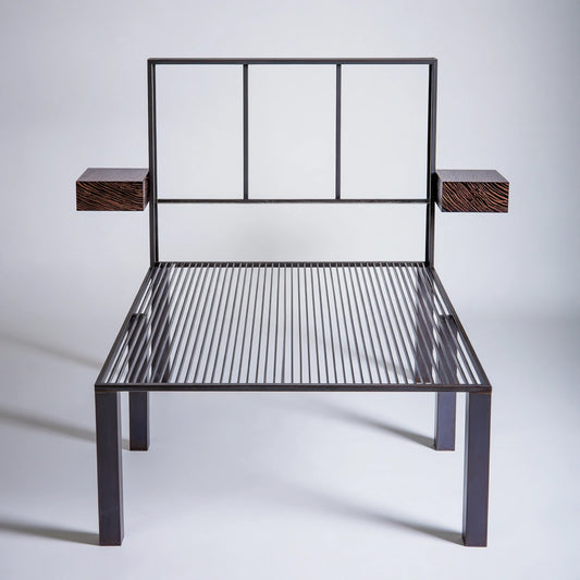 Black powder-coated metal bedframe from MirrorandMist, shown from a high angle in a modern bedroom setting.
