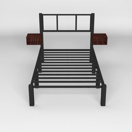 Black powder-coated metal bedframe from MirrorandMist, shown from a high angle in a modern bedroom setting.