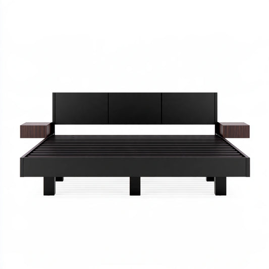 Black powder-coated metal bedframe from MirrorandMist, viewed from a high angle in a studio setting.