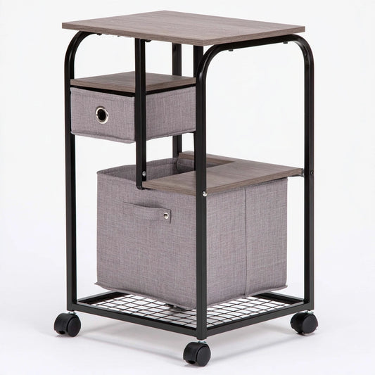 High-angle studio shot of a grey and black mobile side table with wheels, made by MirrorandMist.