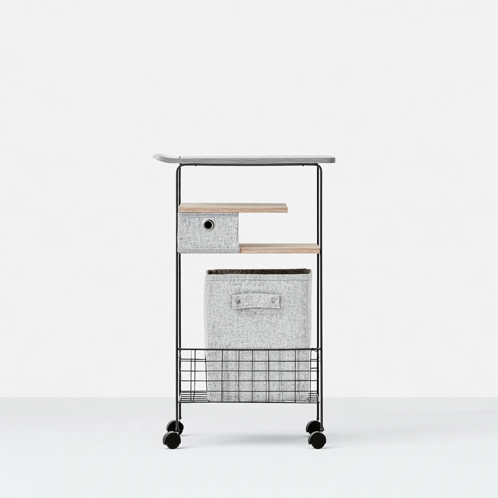 Studio shot of a grey and black mobile side table with wheels, made by MirrorandMist, featuring a modern design and compact size.
