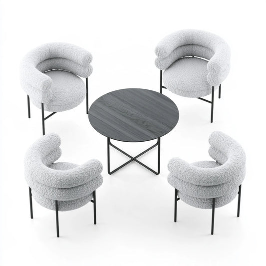 Modern gray dining set with table and five chairs, MirrorandMist eatkamerset in sleek, contemporary style.