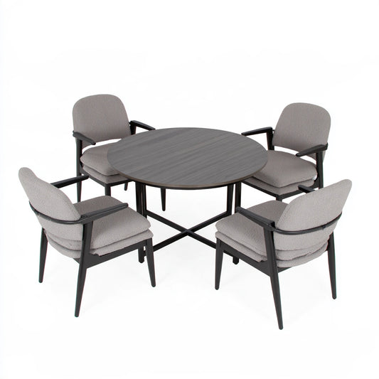 Modern gray dining set with a rectangular table and four matching chairs, designed by mirrorandmist, shown from a high-angle studio shot.