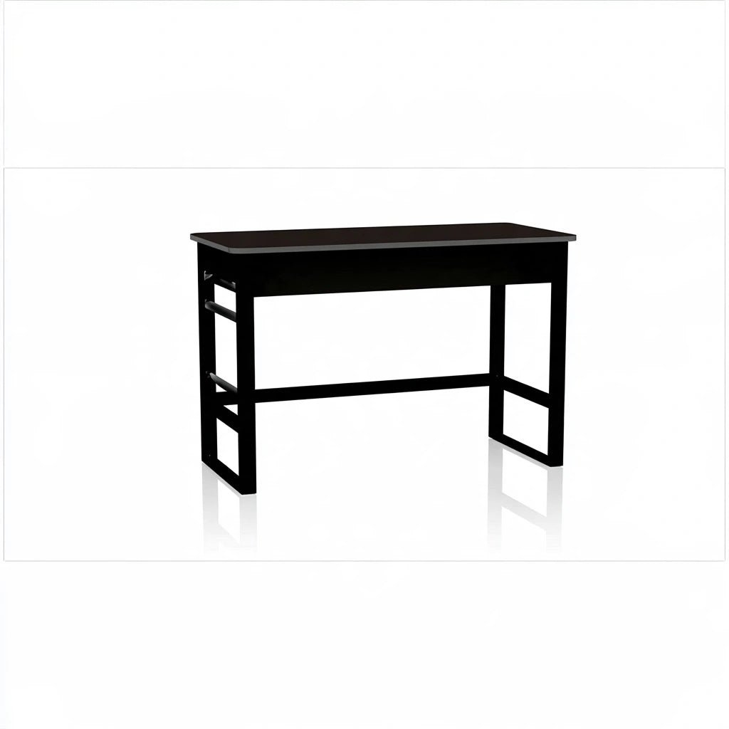 Studio shot of a rustic gray multifunctional bar table by mirrorandmist, shown from a high angle with a wooden surface and sturdy legs.
