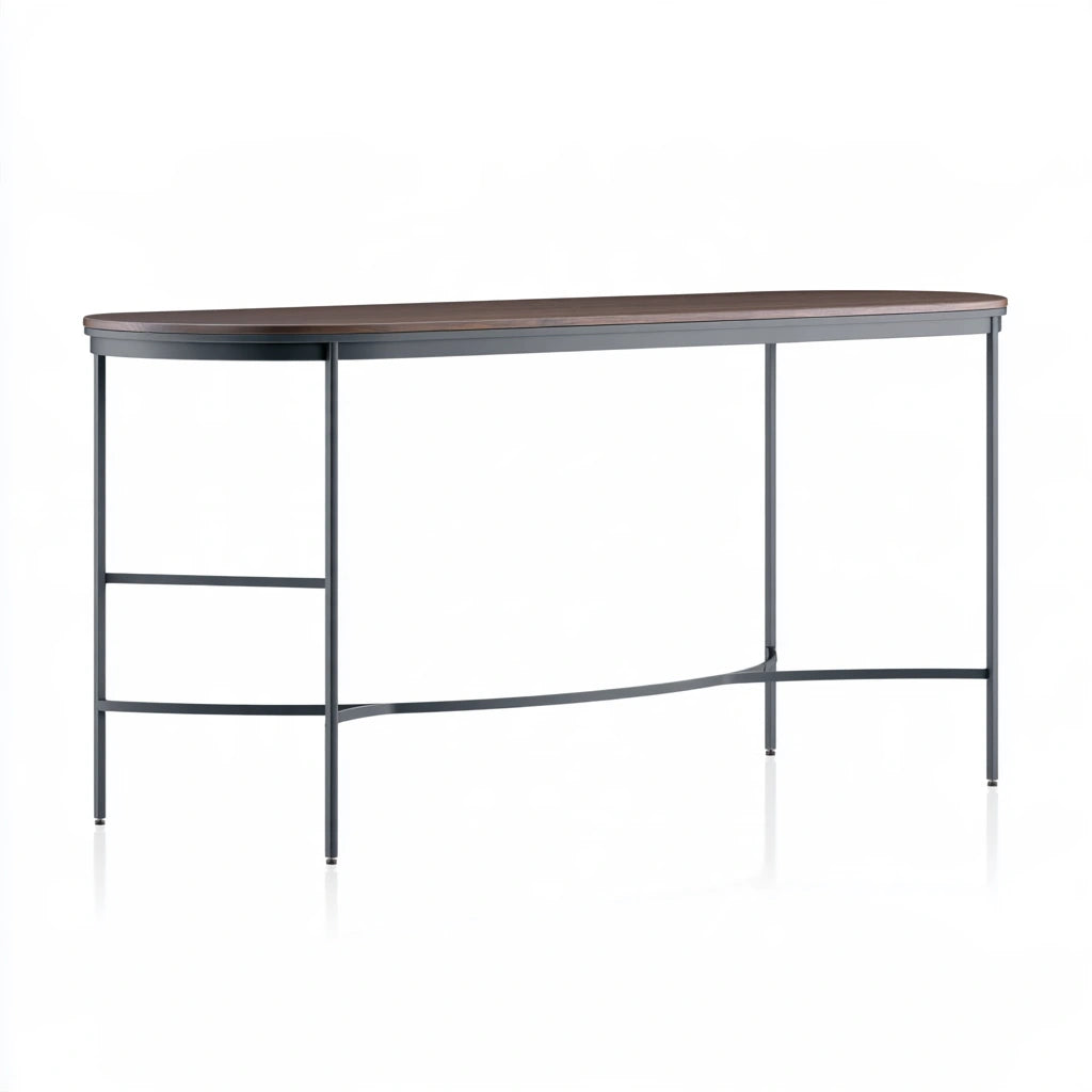 High-angle studio shot of a rustic gray multifunctional bar table from mirrorandmist, showcasing its sturdy surface and modern design.