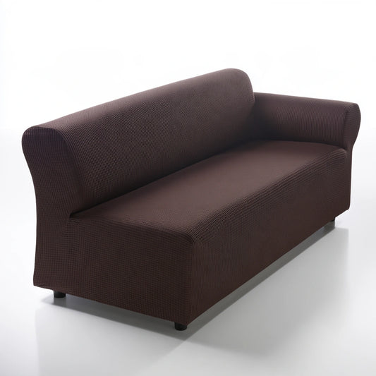 Gray elastic sofa cover on a three-seater sofa, showcasing a snug fit and soft fabric for furniture protection.