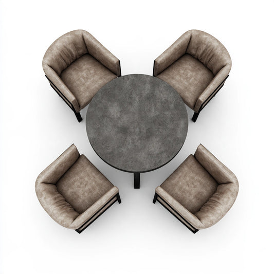 Contemporary gray dining set with table and four chairs, modern design, from mirrorandmist, viewed from a high angle.