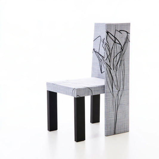 Mirrorandmist high-back dining chair in gray with abstract patterned upholstery, showcasing a stylish and comfortable seat.