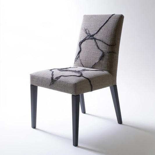 Mirrorandmist gray high-back dining chair with abstract patterned upholstery, showcasing a modern kitchen or dining room setting.