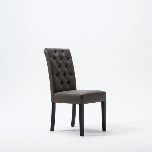 Mirrorandmist dining chair with high back, upholstered in dark grey faux leather, showcasing a modern, comfortable seating option.