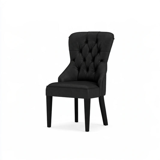 Dark grey upholstered dining chair with high back and fabric covering, by MirrorandMist, showcasing elegant comfort and modern design.