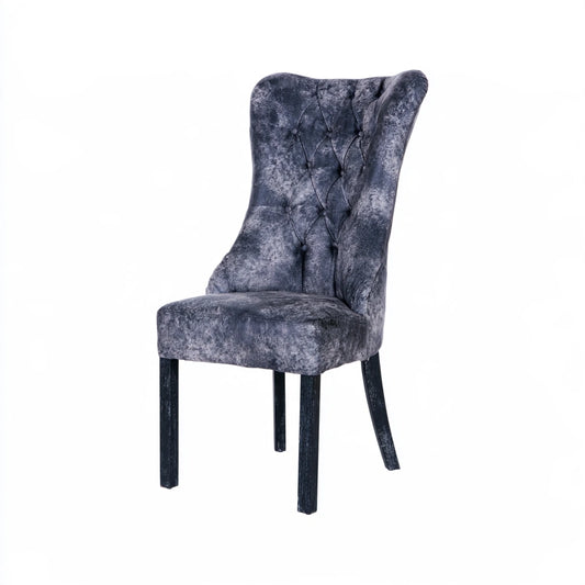 Mirrorandmist dark grey upholstered dining chair with high back and fabric covering, ideal for modern kitchen or dining room.