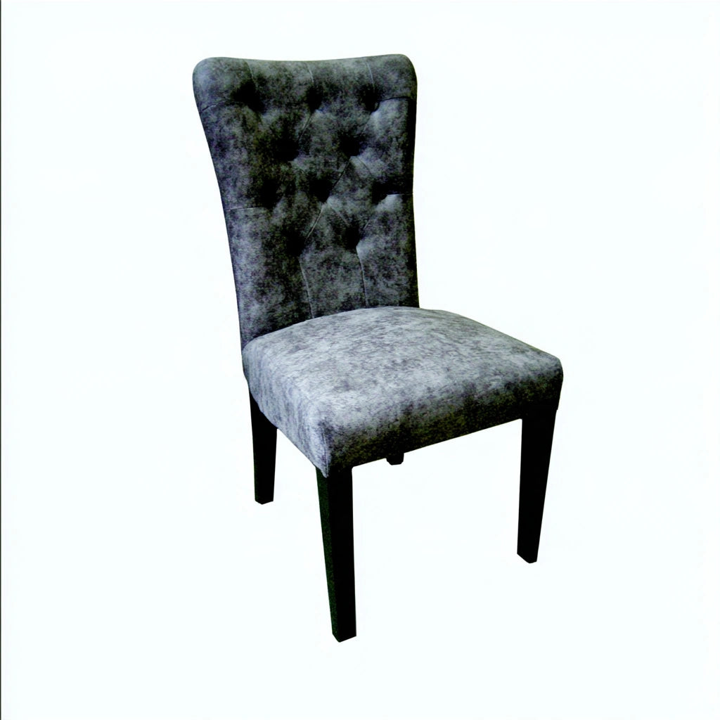 Mirrorandmist dark grey upholstered dining chair with high back and fabric covering, showcasing a stylish and comfortable seat.
