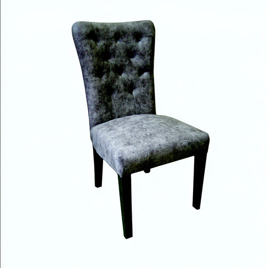 Mirrorandmist dark grey upholstered dining chair with high back and fabric covering, showcasing a stylish and comfortable seat.