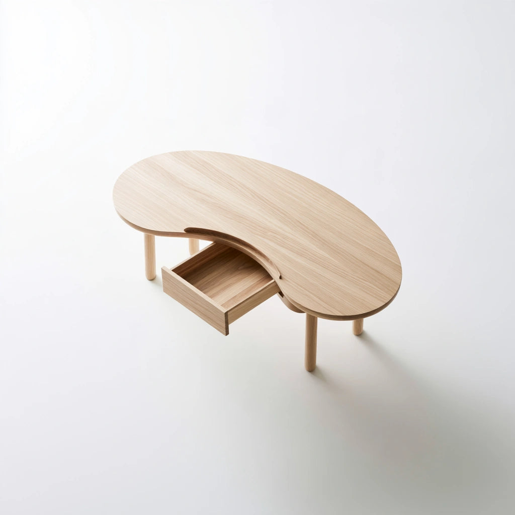 Light brown kidney-shaped coffee table made of wood with an eikenlook finish, featuring a sleek modern design.