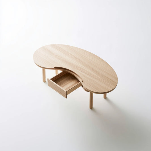 Light brown kidney-shaped coffee table made of wood with an eikenlook finish, featuring a sleek modern design.